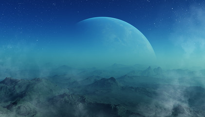 3d rendered Space Art: Alien Planet - A foggy Fantasy Landscape