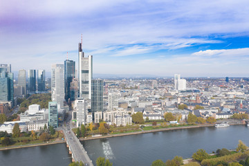 Fototapeta na wymiar Frankfurt am Main Germany aerial view towards the city from the main river. 10.12.2019 Frankfurt am Main Germany.