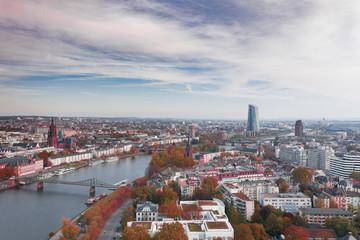 Obraz premium Frankfurt am Main Germany aerial view towards the city from the main river. 10.12.2019 Frankfurt am Main Germany.