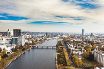Obraz premium Frankfurt am Main Germany aerial view towards the city from the main river. 10.12.2019 Frankfurt am Main Germany.