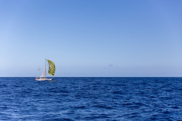 Sailboat flying it's yellow and black spinnaker while at sea