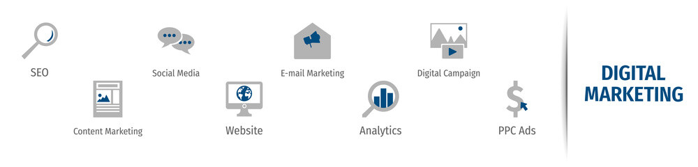 Digital Marketing Flat Vector Icons. Digital Marketing Vector Background with Icons.