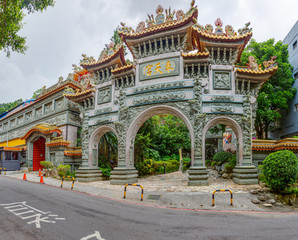 View on entrance gate of Zhongpo Fushou temple in Taipei at daytime