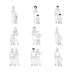 icon set of cartoon people standing with kids, flat design