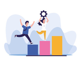 happy man and woman holding a gear on chart bar graph, colorful design