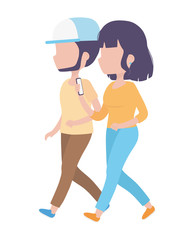 young couple walking with smartphone in hand