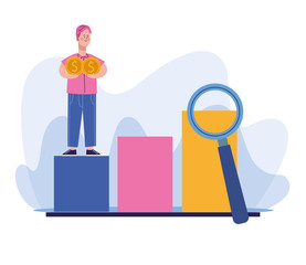 man with money coins standing on chart bar graph