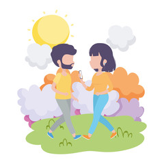 couple together woman with smartphone walking outdoor healthy lifestyle