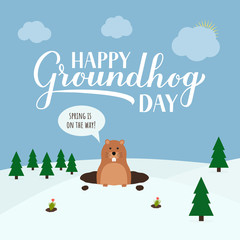Groundhog Day vector illustration with modern calligraphy hand lettering and cute cartoon marmot crawling out of a hole on a cloudy day. Vector template for postcard, poster, banner, flyer, etc.