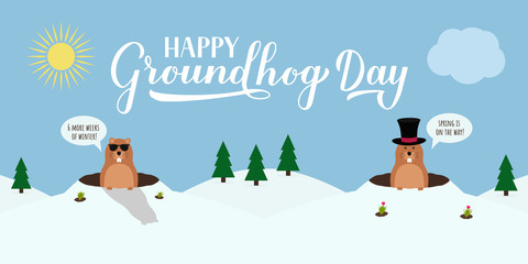 Groundhog Day vector illustration with modern calligraphy hand lettering and cute cartoon marmot crawling out of a hole on a cloudy day. Vector template for postcard, poster, banner, flyer, etc.