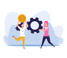 happy woman holding up a money coin and woman holding a gear wheel, colorful design