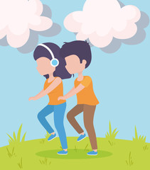 woman using headphones with man walking healthy lifestyle