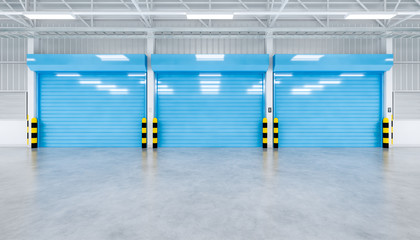 Roller door or roller shutter inside factory, warehouse or industrial building. Modern interior design with polished concrete floor and empty space for product display, industry background. 3d render.