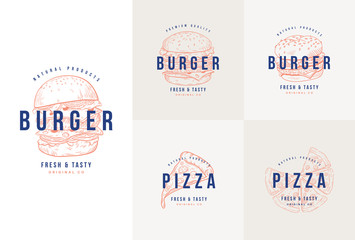 Hand drawn fast food, burger and pizza vector set illustration. Set of vector labels, logo, stickers. - obrazy, fototapety, plakaty