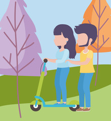 young woman riding scooter and man walk in the meadow healthy lifestyle © Stockgiu