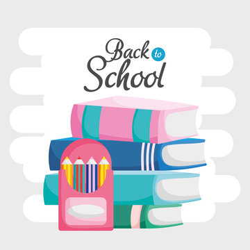 back to school education stacked books colored pencils in box