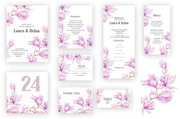 Botanical wedding invitation card template design, pink magnolia flowers and leaves on white  background, vintage style. Wedding invitation templates. Banners decoration, romantic watercolor objects