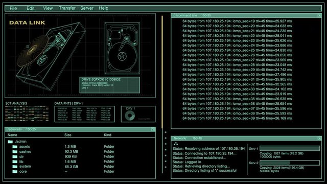 Futuristic Computer Hacker Hard Drive HUD Stealing Data Software. 