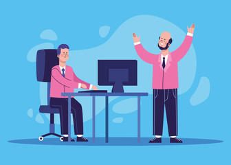 cartoon businessmen at office desk with computer