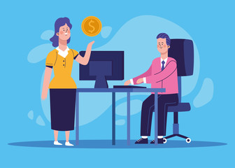 cartoon businesswoman with money coin and businessman at office