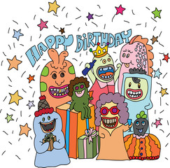 Happy Birthday Hand drawn lines,A cute and fun monster with many colors.