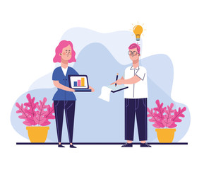 cartoon woman holding a laptop computer and man writing notes