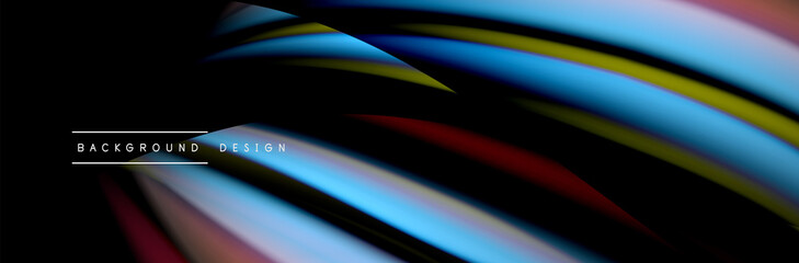 Сolorful flow poster. Wave liquid lines and shapes in black color background. Vector Illustration