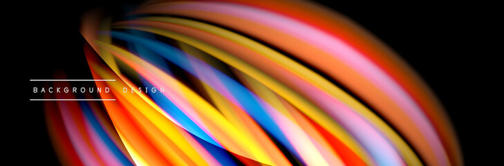 Сolorful flow poster. Wave liquid lines and shapes in black color background. Vector Illustration