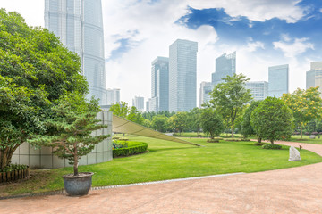 Fototapeta premium city park with modern building background in shanghai