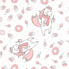 Vector seamless patterns with hand drawn cute unicorns, sweets, coffee and bunny on white background.