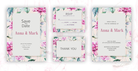 Botanical wedding invitation card template design, pink rose flowers and leaves on light blue background, vintage style. Wedding invitation templates. Banners decoration, romantic watercolor objects