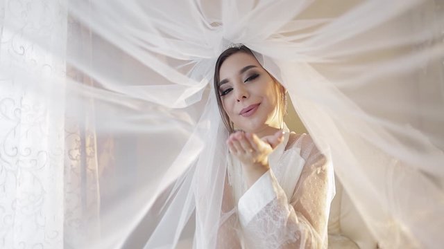 Beautiful and lovely bride in night gown under the veil. Wedding day