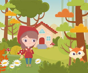 Obraz na płótnie Canvas little red riding hood and wolf house forest fairy tale cartoon