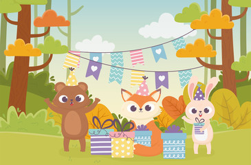 Obraz na płótnie Canvas bear rabbit and fox with party celebration happy day