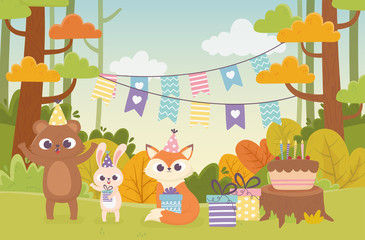 cute animals with party hats gift cake celebration happy day
