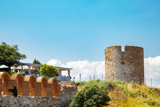 Ancient ruins Old windmill and church of the holy mother eleusa in Nessebar, Bulgaria