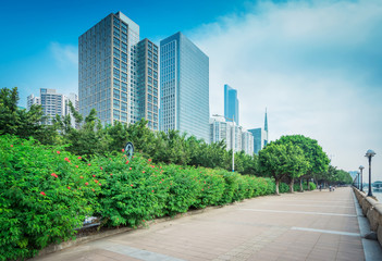 empty, modern square and skyscrapers in modern city