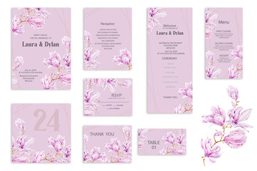 Botanical wedding invitation card template design, pink magnolia flowers on light lilac background, vintage style. Wedding invitation templates. Banners decoration, romantic watercolor objects
