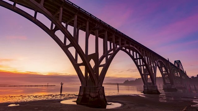 Yaquina Bay Bridge Sunset Time Lapse Oregon Fog Pacific Coast stock video