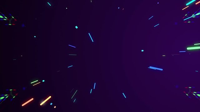 Multicolored neon glowing rays in tunnel motion with translucent bokeh particles zooming in.
