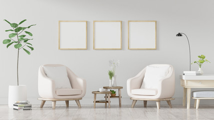Square poster mockup with Three  frames on empty white wall in living room interior, Living room, 3D Rendering