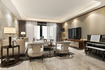 3d rendering classic warm living room with piano and armchair