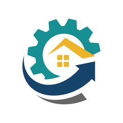 home improvement logo design vector with house roof icon and up arrow symbol