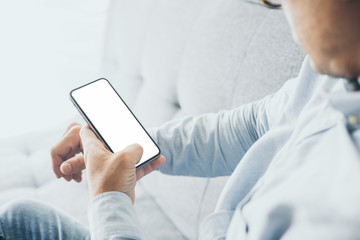 cell phone Mockup image blank white screen.man hand holding texting using mobile.background empty space for advertise text.people contact marketing business,technology 