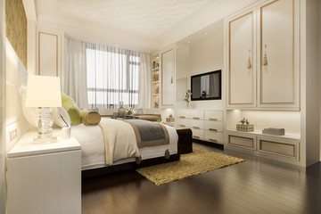 3d rendering warm luxury classic bedroom suite tv with wardrobe and closet with chinese style