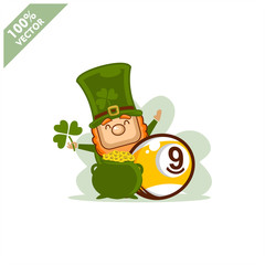  Billiard 9 ball happy Saint Patrick's Day theme. Cartoon character with green hat illustration vector logo.