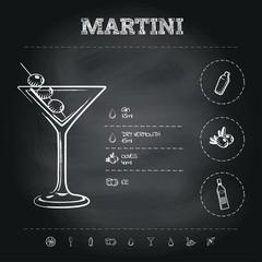 Martini. Image of a cocktail and a set of ingredients for making a drink at the bar. Sketch on a black chalkboard. Vector illustration