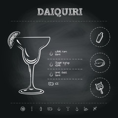 Daiquiri. Image of a cocktail and a set of ingredients for making a drink at the bar. Sketch on a black chalkboard