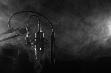 Professional Microphone in Recording Studio, Professional Studio. With Smoke, Black and White Photo