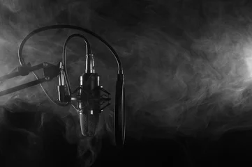 Tuinposter Professional Microphone in Recording Studio, Professional Studio. With Smoke, Black and White Photo © Anton